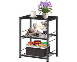 Side Table - 3 Strap Bedside Table with Wheels - Houten Top Bedside Tafels - Mesh Shelves voor Woonkamer - Slaapkamer - Bank - Zwart