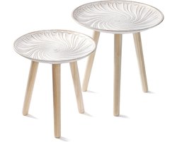 Side Table Set of 2 – Ronde Koffietafels – Retro Houten Witte Salontafels Ø40 cm en Ø34 cm – Gouden Patroon – Woonkamer Slaapkamer Balkon Office