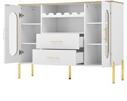 Sideboard 120 cm Met Wijnrek - Ovale Glasdeuren - Gouden Accenten & Inklapbaar Been
