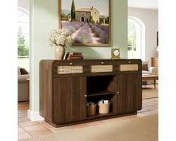 Sideboard - 120x40x85 cm walnoot - 3 laden & 2 kasten met rattan - gouden handgrepen & verstelbare planken