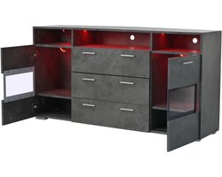Sideboard 140x33.5x72.5 cm Grijs Met Led Verlichting Transparante Acryl Deuren 2 Deuren 3 Lades Open Opbergruimte Opbergkast Woonkamer Eetkamer Modern Meubel