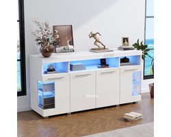 Sideboard - 140x40x70 cm wit - hoogglans & LED-verlichting - gehard glas - 80 kg draagkracht