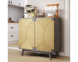 Sideboard Accentkast 79x39,5x78 cm - Mid-Century-Boho Stijl - Handgevlochten Papieren Touwdeuren - Verstelbare Legplank - Greeploze Push-to-Open Deuren - Massieve Conische Poten - Grijze Essenhoutlook