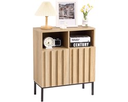 Sideboard Buffet Met Geribbelde Deuren - Verstelbare Planken En Metalen Poten Voor Hal - Woonkamer En Keuken - Eiken + Zwart - 60x30x73cm