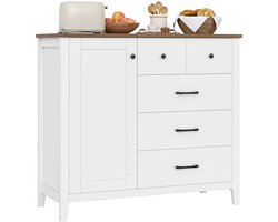 Sideboard – Dressoir – Buffetkast – Keukenkast – Halmeubel – Wit Met Bruine Accenten – 5 Laden en 1 Deur – Duurzaam MDF – Ruim Werkblad 100x40 cm