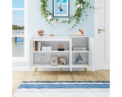 Sideboard kast met 3 deuren, wit met 3D-snijwerk, gouden metalen poten, moderne opbergkast voor woonkamer, gang of slaapkamer, 120×40×80 cm.