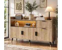 Sideboard - Licht hout, zwart metaal - 3 zones: open rek, lade, draaideuren - Stille rails, afgeronde hoeken - Geschikt voor woonkamer, eetkamer en kantoor