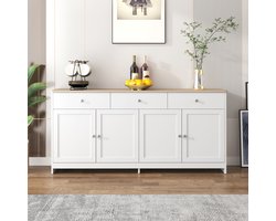 Sideboard met 4 deuren en 3 lades - 160x37x75 cm hout-wit - Verstelbare legplanken, zilveren grepen - Geschikt voor landelijke en moderne woonkamer, eetkamer en keuken