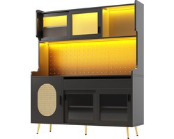 Sideboard / Opbergkast / Keukenkast / Buffetkast, 145x39x171 cm, landelijke stijl, 5 deuren, met LED-verlichting en ordnerplaat, deuren met geribbeld glas, zwart