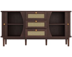 Sideboard, rattenkast, kast met schuifdeuren, verstelbare planken en afgerond blad-Bruin