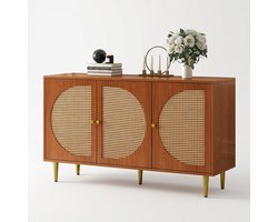 Sideboard walnoot – 129.8 x 40 x 76 cm – 3 deuren met rotanaccenten en metalen handgrepen