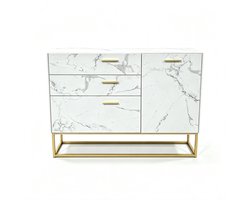Sideboard Wit Marmerlook – Kasten met 1 Deur en 3 Lades, Metalen Frame Goud, Moderne Opbergkast voor Woonkamer