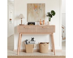 Sidetable - 100 x 35 x 80 cm - Consoletafel met 2 Lades - Massief Houten Poten - Eikenlook - Voor Woonkamer of Hal