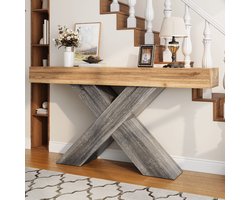 Sidetable 140x30x80 cm - smalle consoletafel in naturel houtlook - haltafel met X frame - voor hal woonkamer of gang