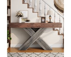 Sidetable 140x30x80 cm - smalle consoletafel in walnootlook - haltafel met X frame - voor hal woonkamer of achter bank