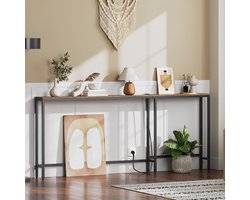 Sidetable 180 cm – Smalle Consoletafel 15 cm Breed – Met Stopcontact en 2 USB-Poorten – 3 Opstelmogelijkheden – Voor Hal en Achter Bank – Vintage Bruin