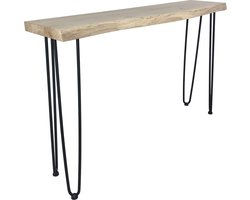 Sidetable boomstam van massief eiken 120 x 40 x 75 cm met zwarte duo hairpin poten - Wandtafel - Haltafel - Sidetable zwart