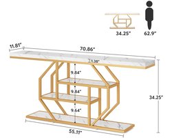 Sidetable – Consoletafel – Haltafel – Wandtafel – Bijzettafel – Extra Lang 180 cm – Wit Marmerlook Met Gouden Metalen Frame