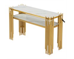 Sidetable – Consoletafel – Wandtafel – Haltafel – Bijzettafel – Mid-Century Modern – Wit MDF Met Gouden Poten – 128x44x80 cm – Draagvermogen 40kg