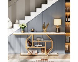 Sidetable – Extra Lange Tafel – Haltafel – Banktafel – Opbergmeubel – Marmerlook Blad – 3 Open Planken