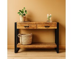 Sidetable Industrieel Mangohout en Staal - 120 cm x 35 cm x 76 cm - Side Table Industrieel Met Lades - Sidetable met lade Hout - Landelijk Hout - Wandtafel Sidetable - Haltafel - Smalle tafel - 120cm x 35cm x 76cm - Makkelijke installatie