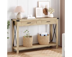 Sidetable met Rotan Lades - Consoletafel Boho & Industrieel - Haltafel met Opbergruimte - Smalle Sidetable voor Gang en Woonkamer - 110x30x76 cm - Naturel Hout & Zwart Metaal