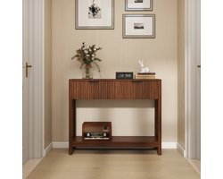Sidetable Mid-Century Modern 100x29,5x81,5 cm Walnoot - 2 Laden - Open Legplank - Smal - Eenvoudige Montage