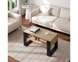 Sidetable - Wandtafel - Haltafel - Wandtafel Sidetable - Side Table - Sidetable Industrieel - Sidetable Hout - Thee en Koffietafel - met Opbergruimte - 2 Open Compartimenten - Vintage Stijl - Salontafel - voor Woonkamer Slaapkamer - Licht Eiken