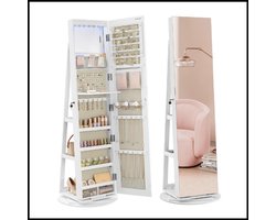 Sieradekast met LED en spiegel – 360° draaibaar – 3 planken – MDF en fluweel – Veilig afsluitbaar – 54,5 × 54,5 × 162 cm