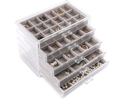 Sieraden opbergbox met 5 lades voor oorbellen en armbanden - Grijs - Stapelbaar en transparant - Organizer voor oorbellen-ringen-armbanden