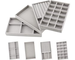 Sieraden Opbergsysteem - 4 Stuks - 12.5 X 21 X 2.5 Cm - Sieraden Doos - Opstapelbaar - Sieradenopberger - Sieraden Organizer - Organizer - Tray Voor in Lade - Geschikt Voor Het Opbergen Van Oorbellen, Armbanden En Ringen - Grijs