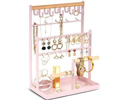 Sieraden Organizer Stand met 6 Niveaus en 15 Haken - Juwelen Display Rek voor Halskettingen, Oorbellen, Armbanden en Ringen - Roze