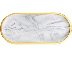 Sieradendienblad, ovaal, 25 x 12 cm, hittebestendig, keramiek, badkamerdienblad, sieradendienblad met gouden rand, organizer, decoratie voor wastafel, badkamer, kasten, marmer, wit
