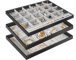 Sieradendienblad, stapelbaar, fluwelen sieradenlade, organizer voor dressoir, garderobe, sieradenorganizer, opbergdoos voor oorbellen, armbanden, ringen, vrouwen, meisjes, set van 3, zwart
