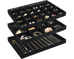 Sieradendienblad Stapelbare Fluwelen Sieraden Lade Organizer voor Dressoir Garderobe Sieraden Organizer Display Opbergdoos voor Oorbellen Armbanden Ringen Vrouwen Meisjes Set van 3 -Allblack