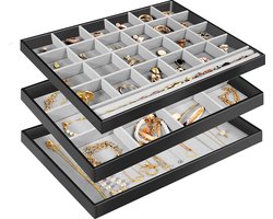 Sieradendienblad Stapelbare Fluwelen Sieraden Lade Organizer voor Dressoir Garderobe Sieraden Organizer Display Opbergdoos voor Oorbellen Armbanden Ringen Vrouwen Meisjes Set van 3 - Zwart
