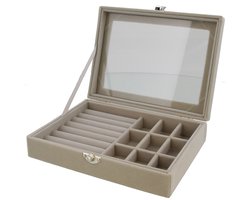 Sieradendoos Fluweel - Kist met Venster - 20x15x4,5 cm - Grijs