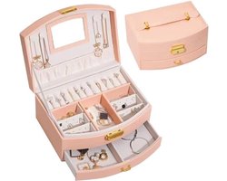 Sieradendoos in prinsessenstijl voor meisjes Sieradenorganizers, 2-laags sieradendoos voor kinderen met spiegel, Sieradendoosjes voor op reis - Ringhouder, Oorbelhouder, Essentiële spullen voor strandvakanties. (Roze)