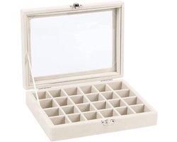 Sieradendoos met 24 vakjes - Sieradenorganizer - Sieradendoos voor volwassenen - Sieradendoos met grote capaciteit - Fluweelzachte sieradendoos - met transparant deksel - Organizer voor ringen, kettingen en oorbellen - Gebroken wit - 20 x 15 x 5 cm