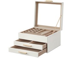 Sieradendoos Opbergdoos 23,1x20,3x13,5 Cm Wit Zachte Voering 2 Laden Meerdere Vakken Grote Opbergcapaciteit Slaapkamer Dressoir Reistas