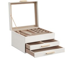 Sieradendoos Sieradenopbergdoos 23,1 x 20,3 x 13,5 cm wit 3-laags ontwerp met 19 opbergvakken van verschillende afmetingen glazen deksel en 2 laden zachte pluche voering veel opbergruimte geschikt voor slaapkamer kaptafel en kledingkamer