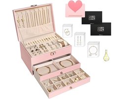 Sieradendoosje met 3 niveaus voor dames – Reissieradenorganizer met slot voor ringen, oorbellen en halskettingen