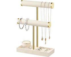 Sieradenhouder met 2 niveaus - Fluwelen Afwerking - Detachable Juwelenhouder - T Shaped Display - Jewelry Organizer - Organizer - Houder - Rekje - Opbergen Voor Armbanden,kettingen, oorbellen, ringen, horloges - 27.5*21cm - Gold