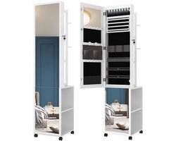 Sieradenkast – Juwelenkast – Spiegelkast – Sieradenorganizer – Opbergkast – 5-in-1 Design – MDF Met Fluwelen Bekleding – Afsluitbaar Met Sleutel – Volledige Lengte Spiegel Met 8 LED-Verlichting – Wielen