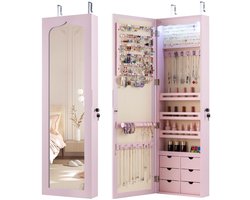 Sieradenkast met LED Afsluitbare Wand-/Deursieradenkast met Spiegel & 6 Lades Roze