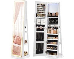 Sieradenkast met LED Verlichting - Staande Spiegelkast - 3-in-1 Volledige Spiegel, Opbergruimte & Make-up Tafel - 108 Oorbelgleuven - 36 Kettinghaken - 78 Ringhouders - Vergrendelbaar - Cloud White - 55x55x159 cm