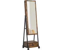 Sieradenkast met Spiegel – Passpiegel Staand – Make-Up Spiegel – Op Wielen - Bruin