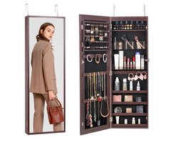 Sieradenkast met Spiegel - Sieradenorganizer - Afsluitbaar - LED Binnenverlichting - Fluwelen Voering - Lange Spiegel - 108 cm Hoog - Wandmontage - Bruin