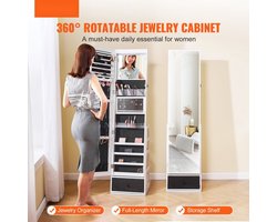 Sieradenkast met Spiegel - Staande Spiegelkast - 360° Draaibaar - Afsluitbaar - Spiegel over de hele lengte - LED-verlichting - Fluwelen voering - Vrijstaand