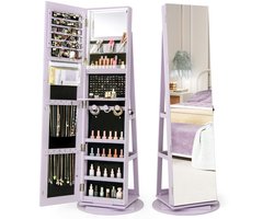 Sieradenkast met Spiegel Vrijstaande Spiegelkast Draaibaar met Driekleurige Ledlampen Sieradenopslag met Sleutels Paars